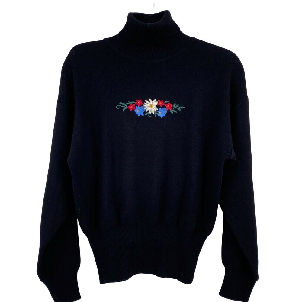 Meister Floral Folk Art Embroidered Wool Ski Turtleneck Sweater Womens Medium